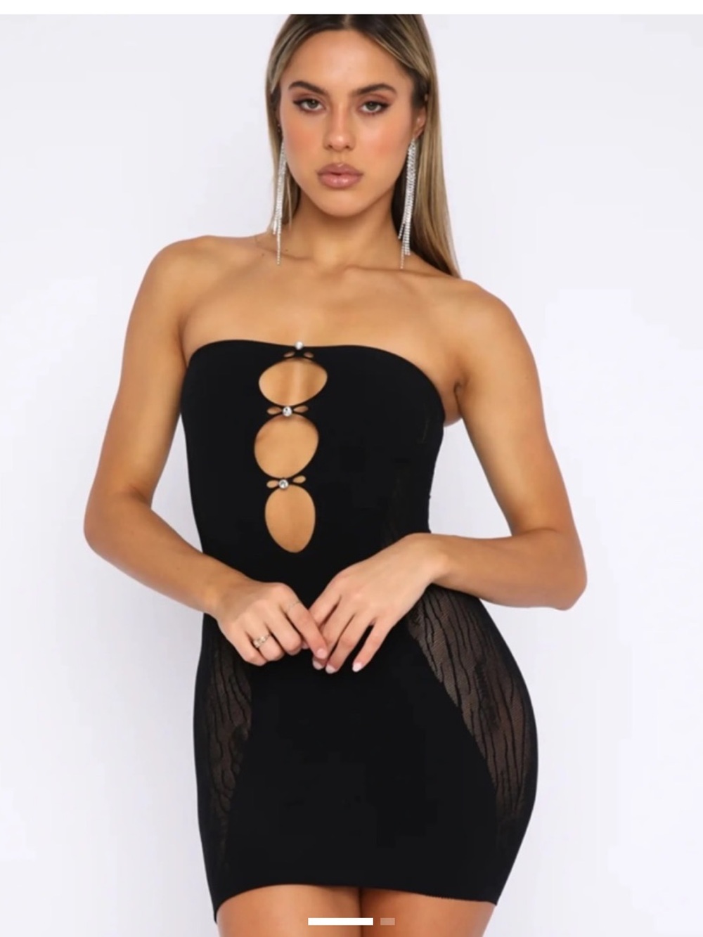 White Fox Boutique Attention Seeker Strapless Black Cutout Mini Dress